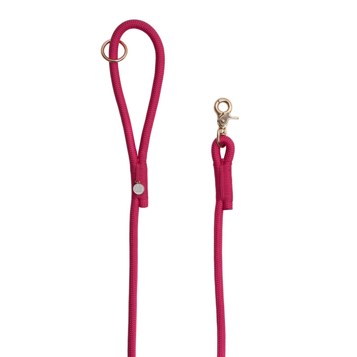 Pink dog leash with gold clasp on a white background