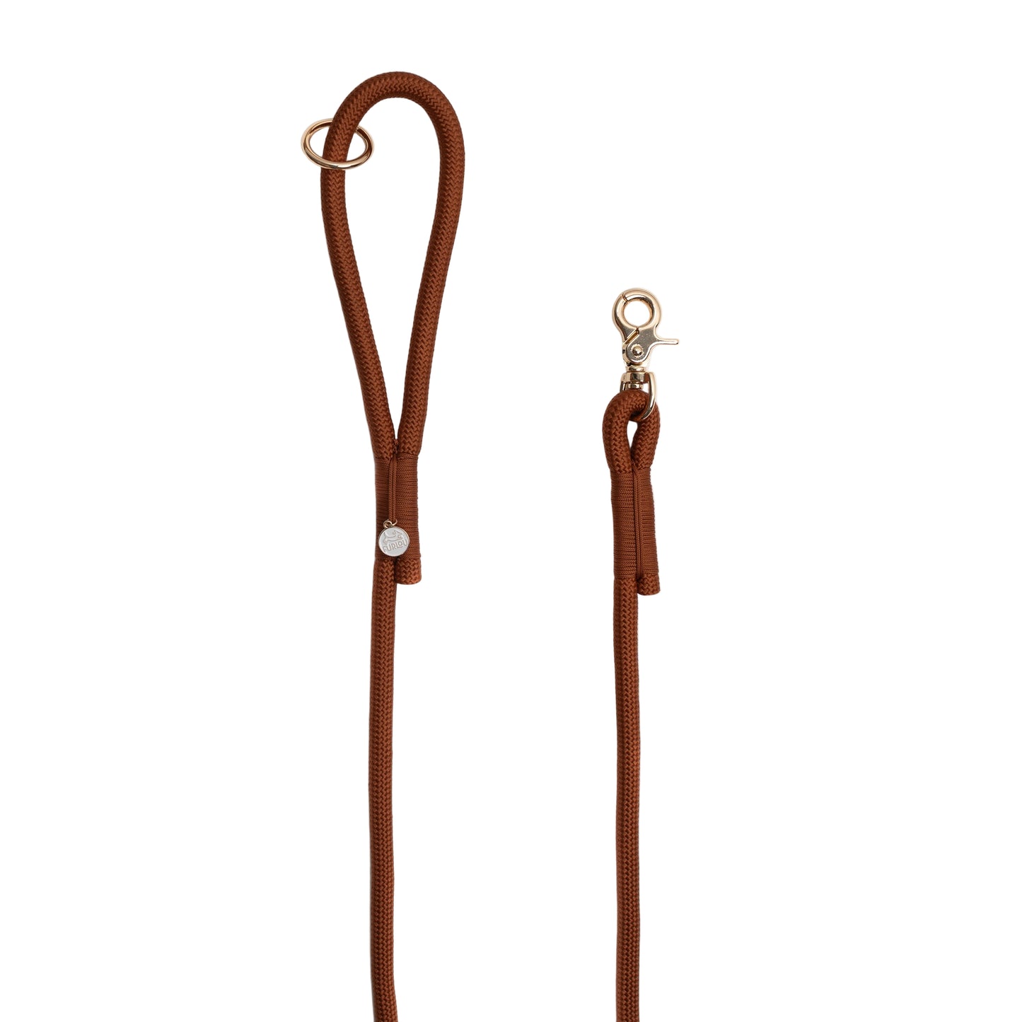 Brown leather dog leash with metal clip on a white background