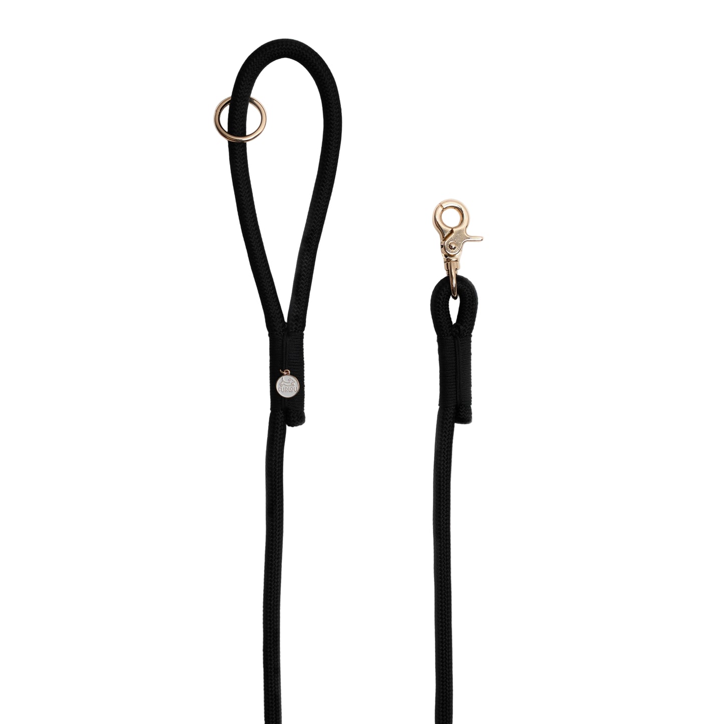 Black dog leash with gold clasp on a white background