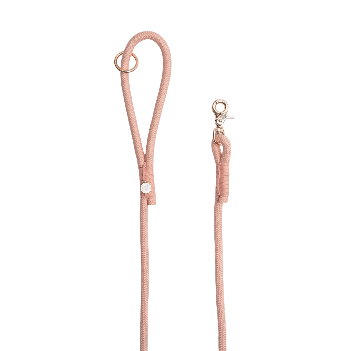 Rose gold dog leash with matching clip on a white background