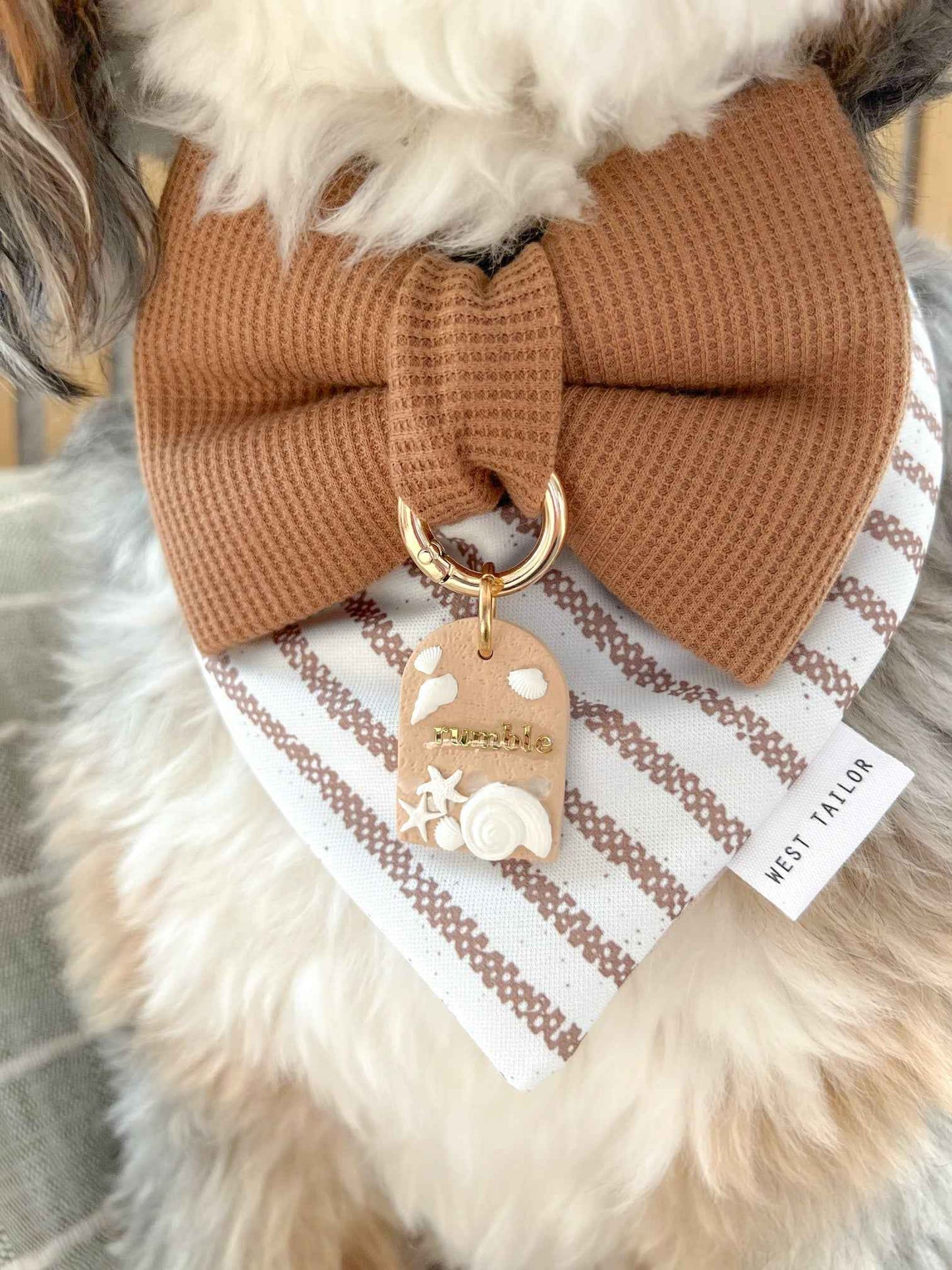 Dog wearing a brown bow tie with a branded tag on a checkered background