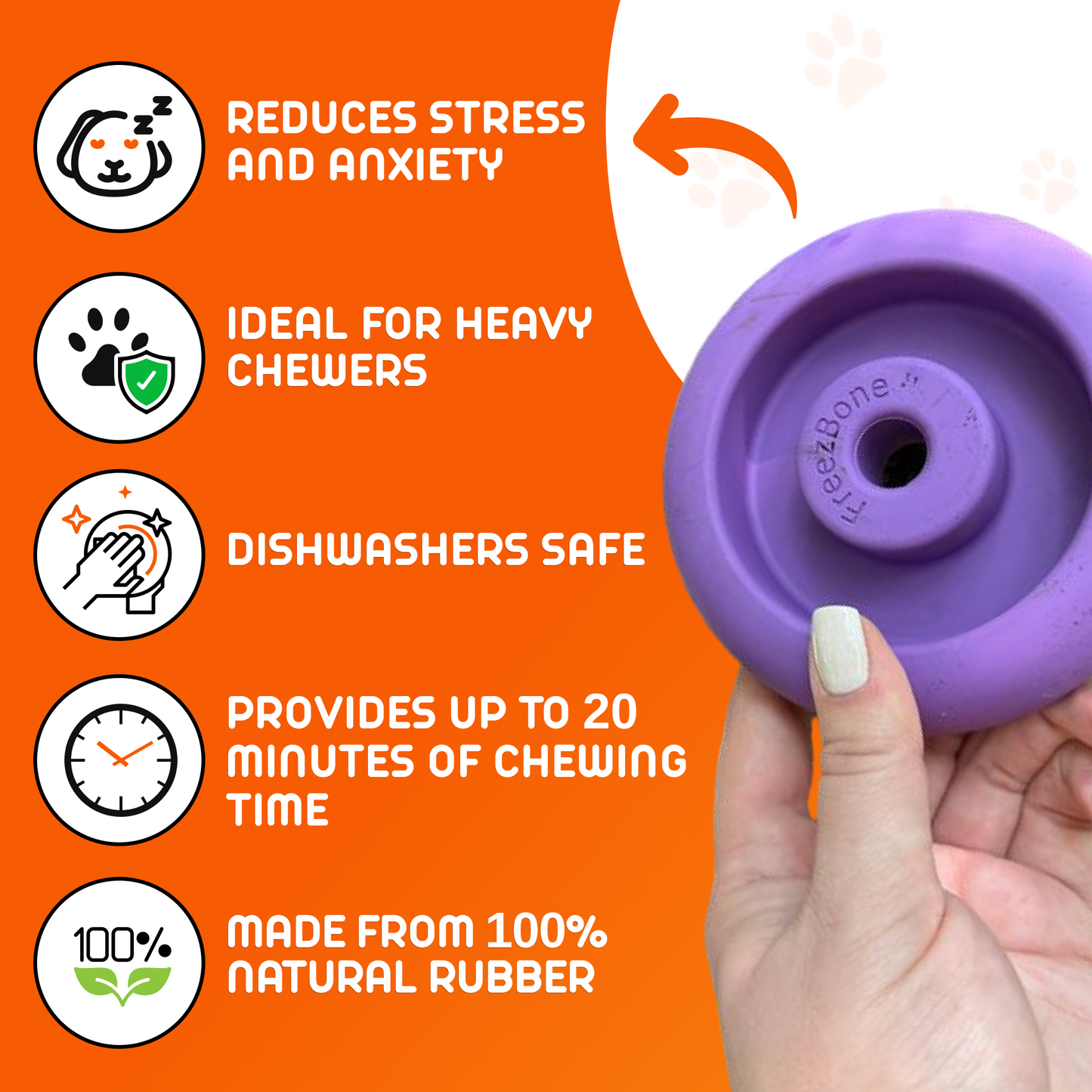 Purple rubber dog chew toy held by a hand with features listed on an orange background