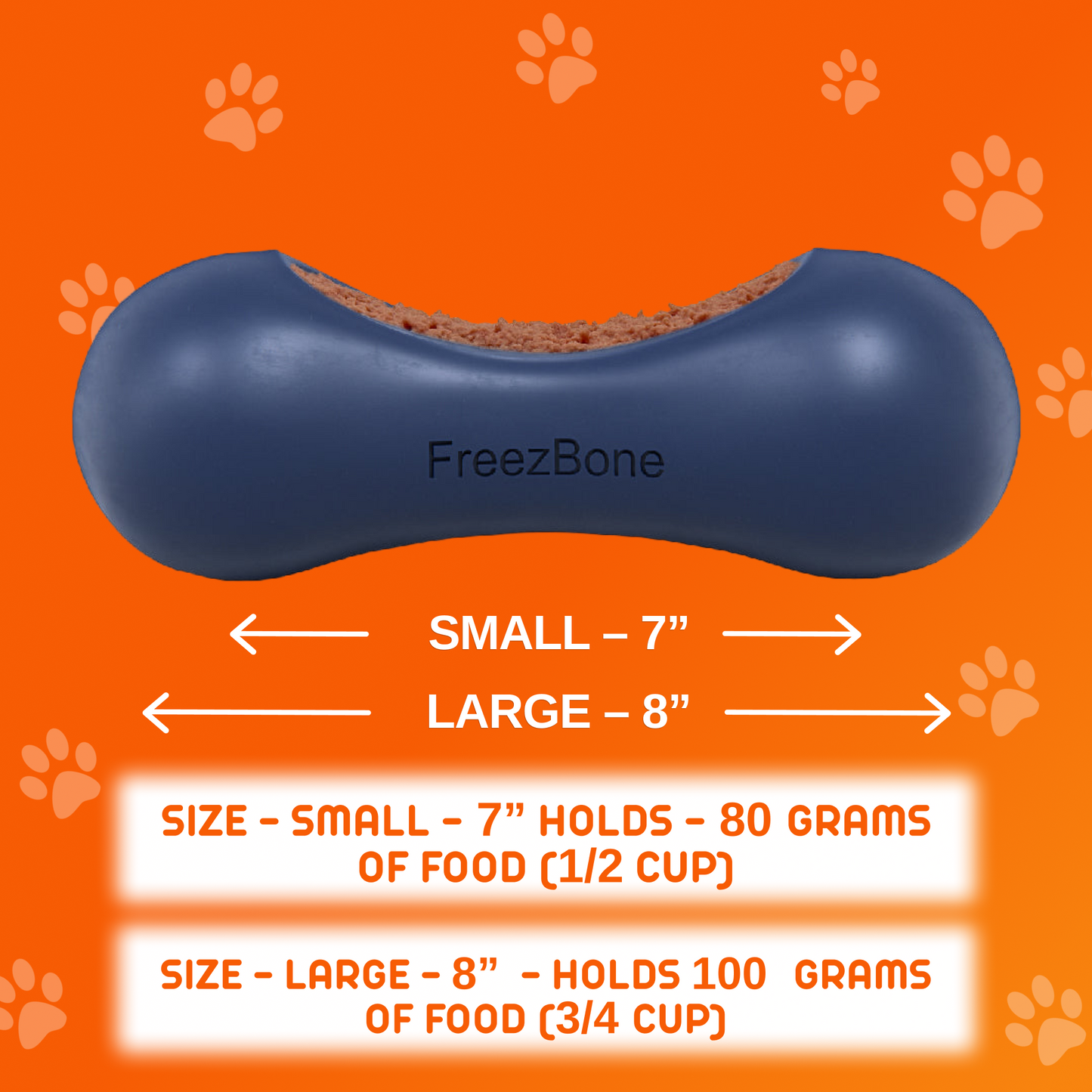 Blue FreezBone dog toy on an orange background with size and food capacity information.