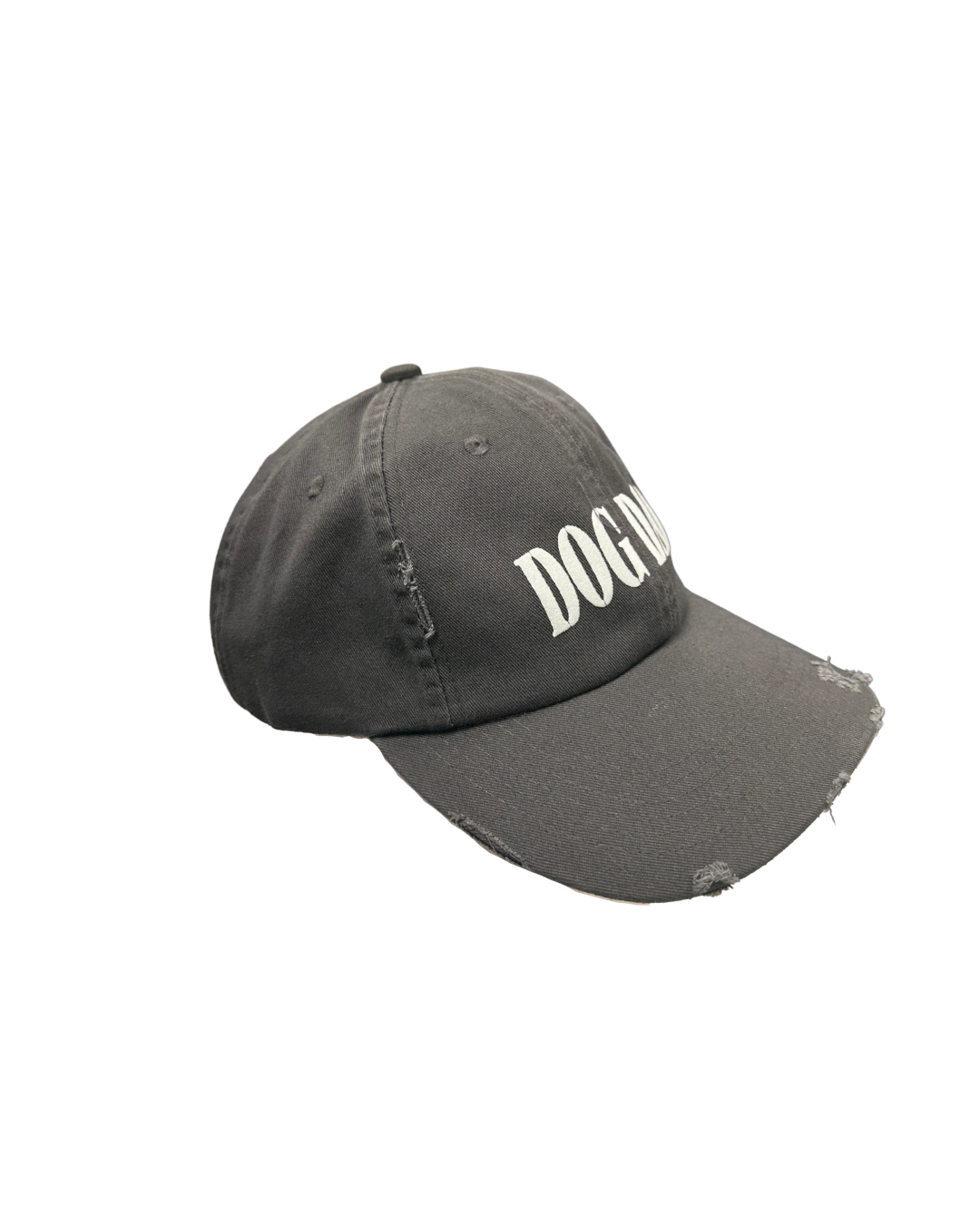 Gray cap with 'DOG DAD' text on a white background