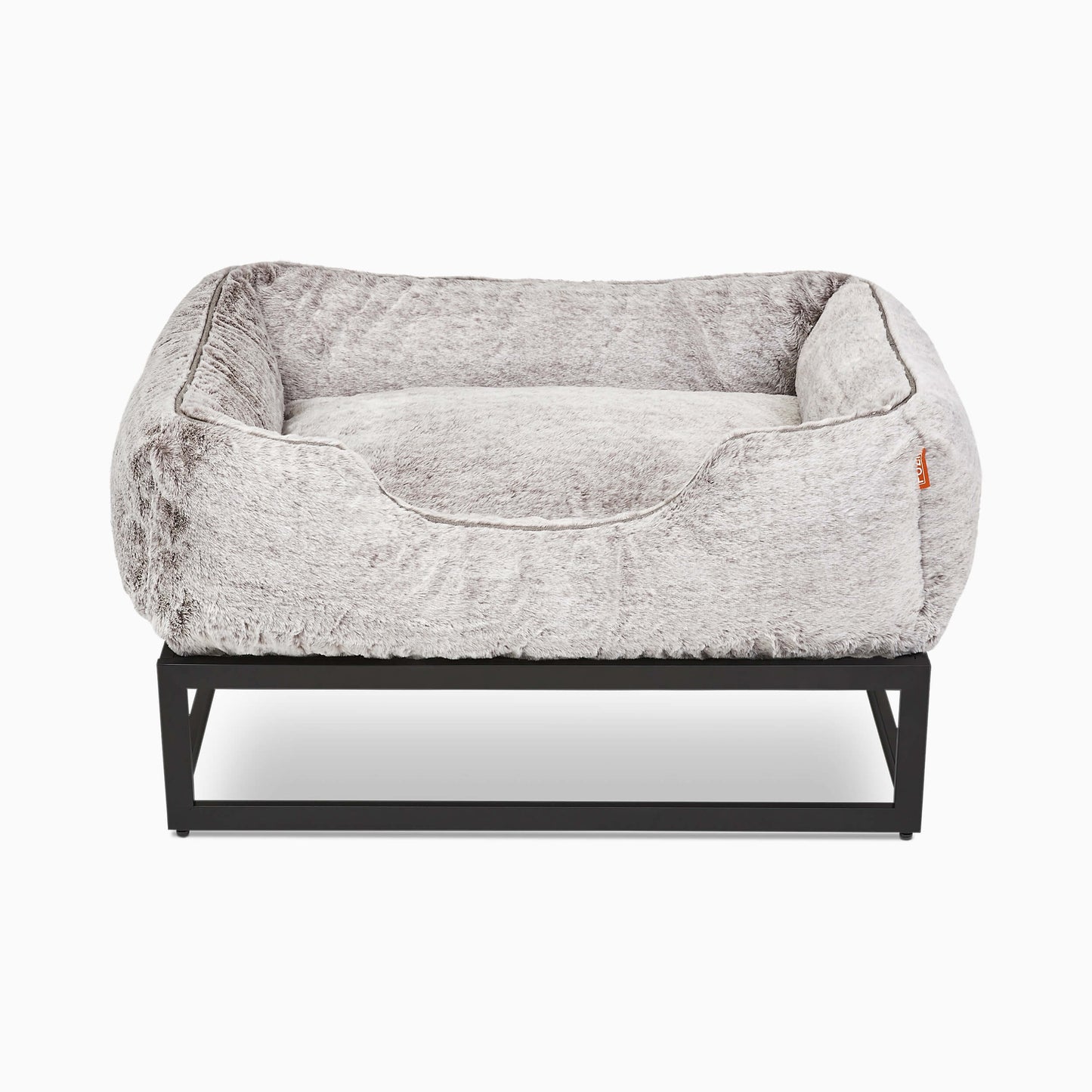 Gray pet bed with black metal frame on a white background