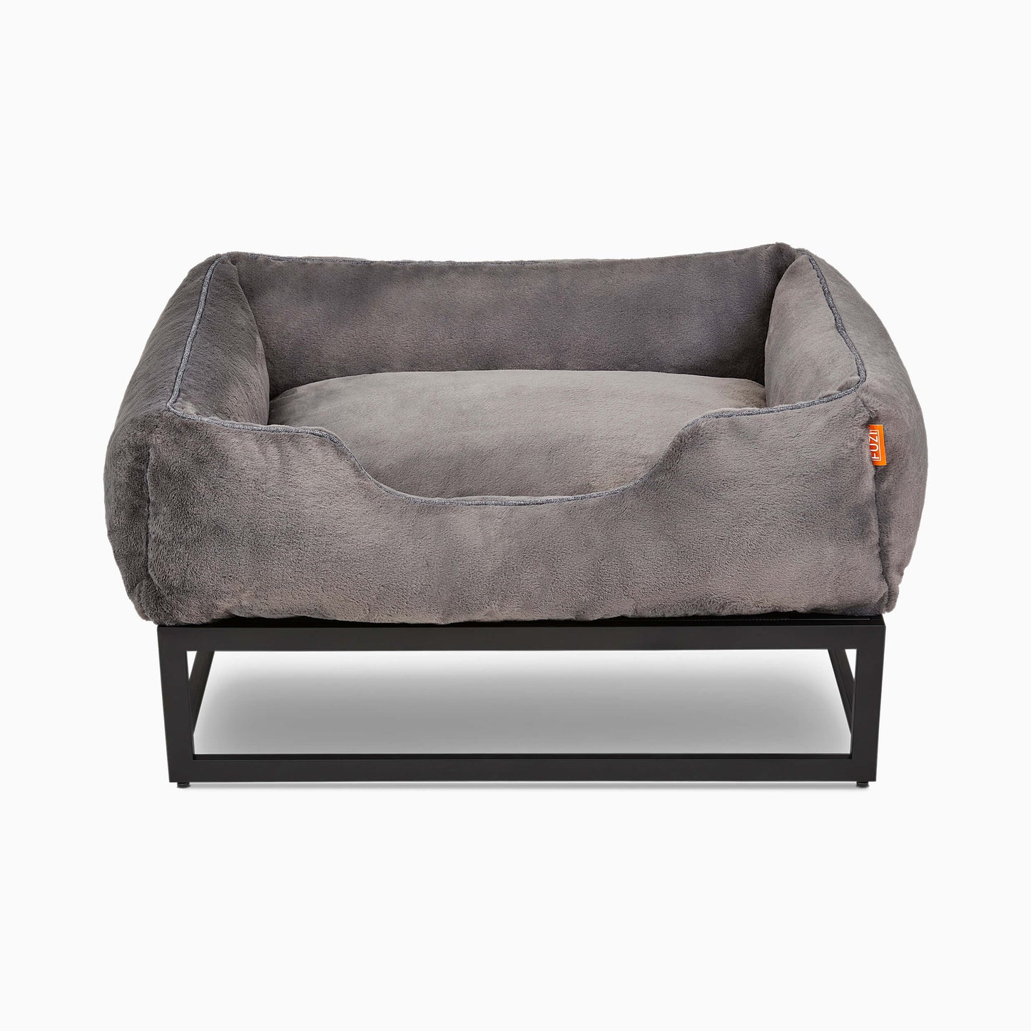 Gray pet bed with a black metal frame on a white background