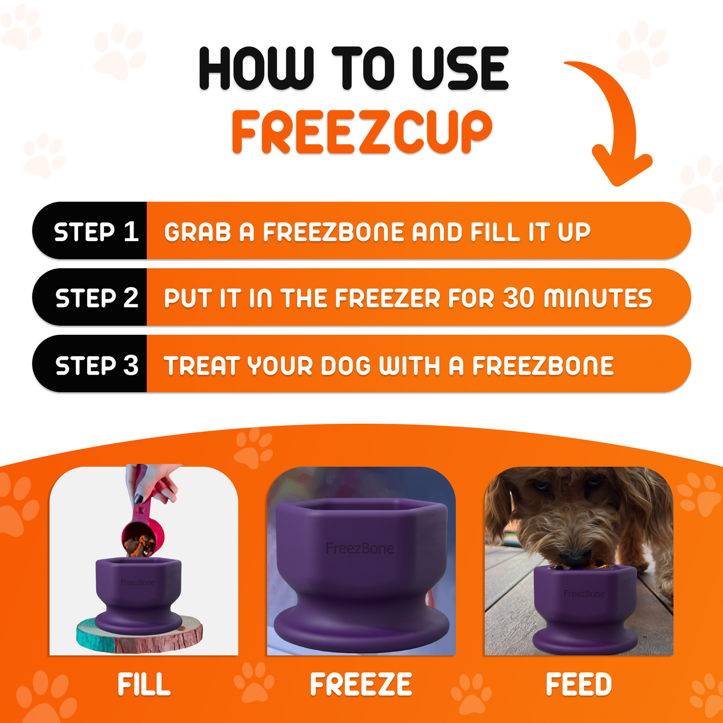 Instructions on how to use a Freezcup product with a purple Freezbone.