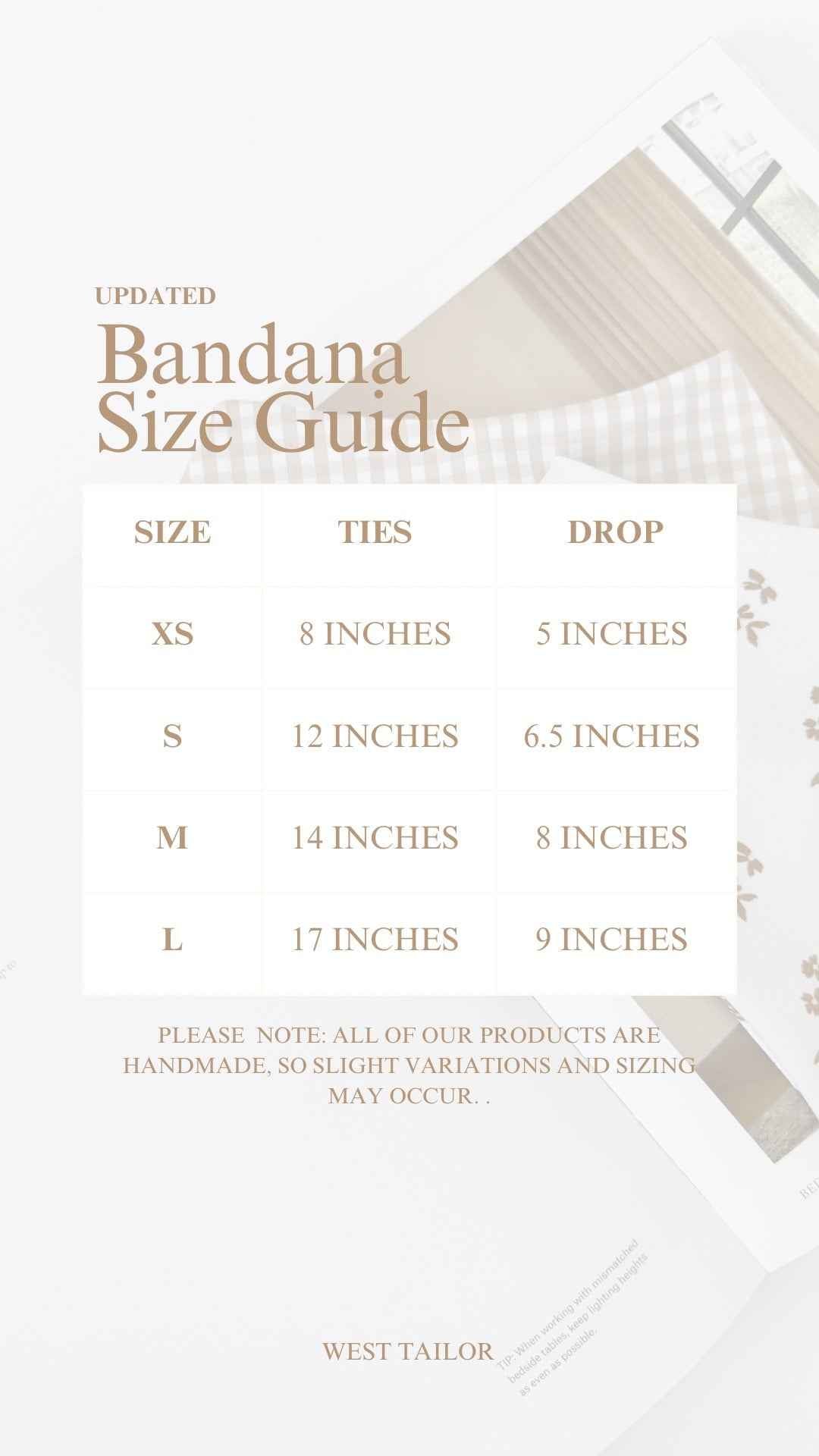 Bandana size guide with measurements on a white background