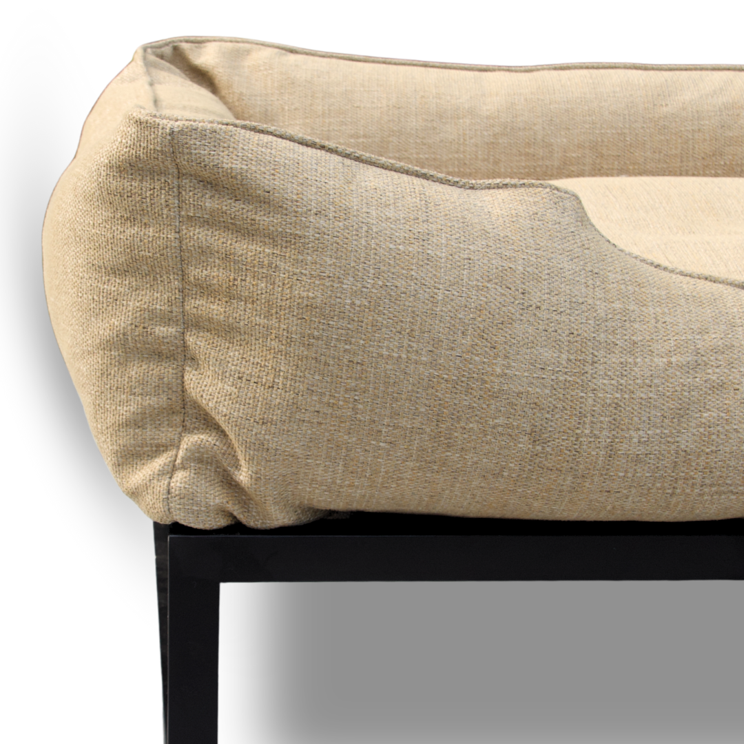 Beige cushion on a chair with a white background