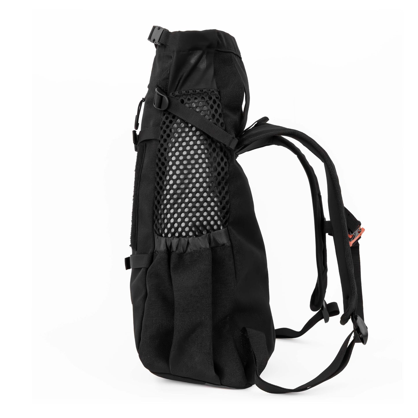 Black sling bag with mesh side on a white background