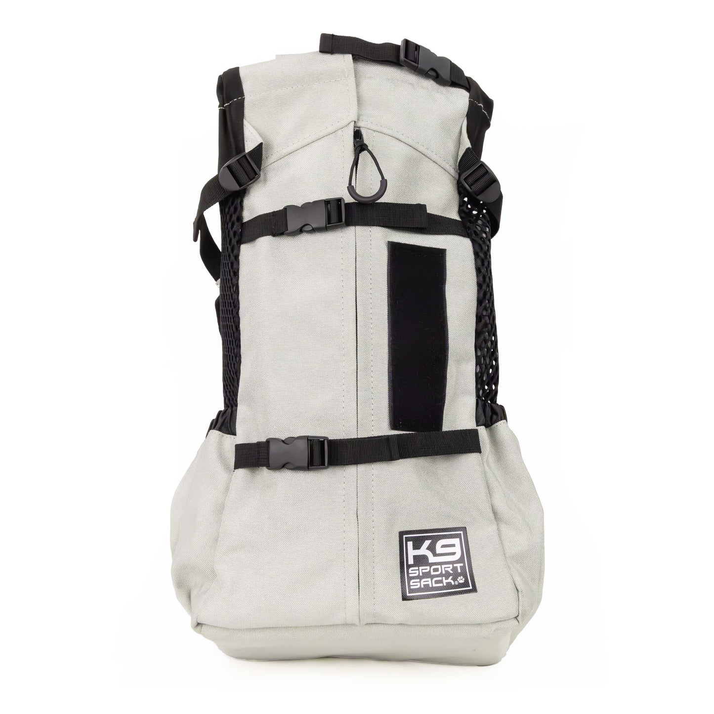 White backpack with black straps on a white background