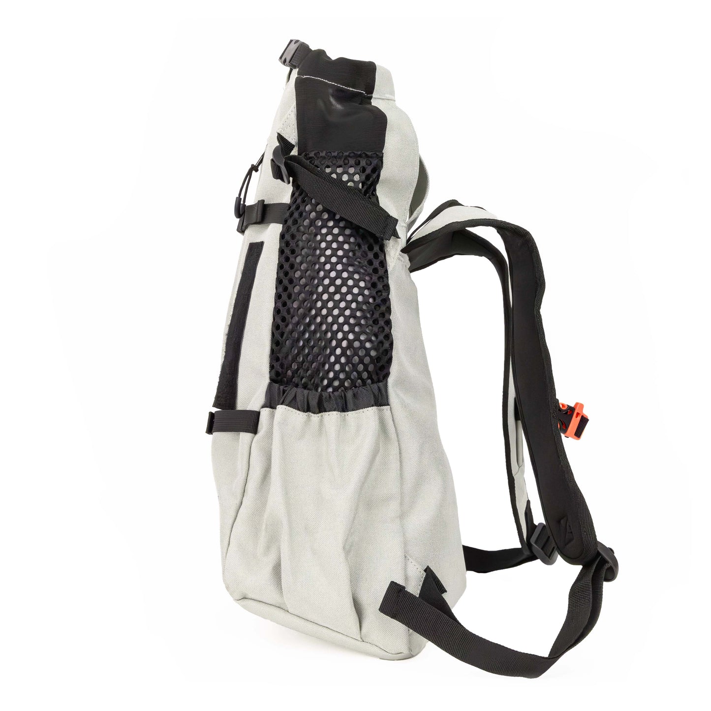 Light gray hydration backpack with black mesh side panel on a white background