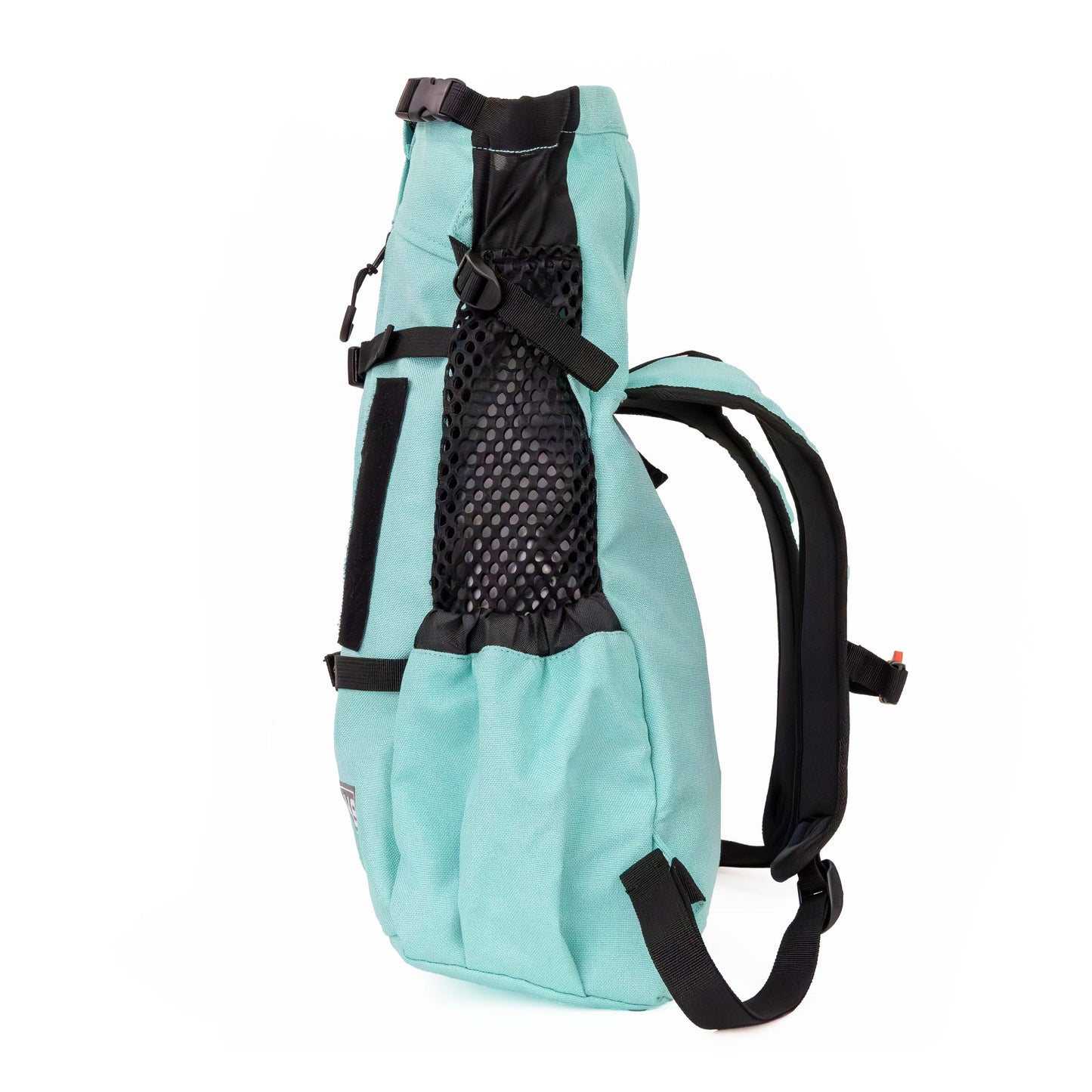Light blue backpack with black straps on a white background