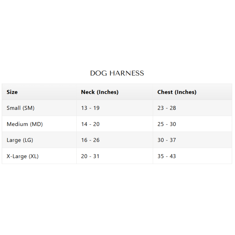 Dog harness size chart with neck and chest measurements.