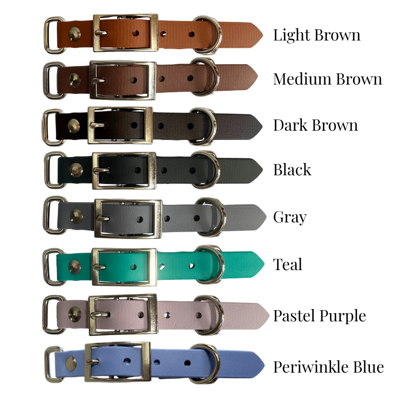 Biothane strap options in various colors with labeled color names.