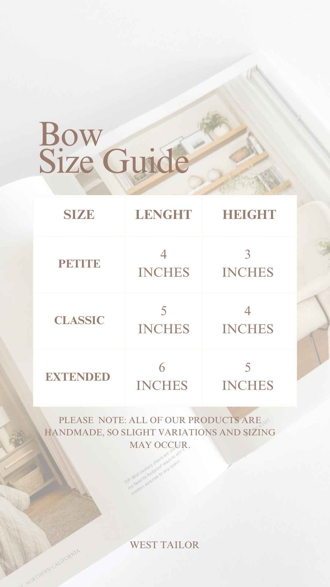 Bow size guide with measurements and West Tailor branding.