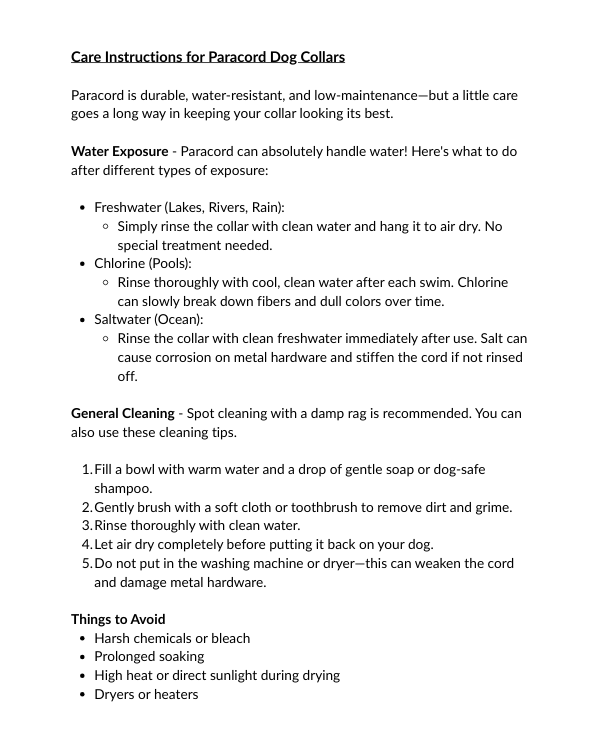 Care instructions for Paracord dog collars on a white background