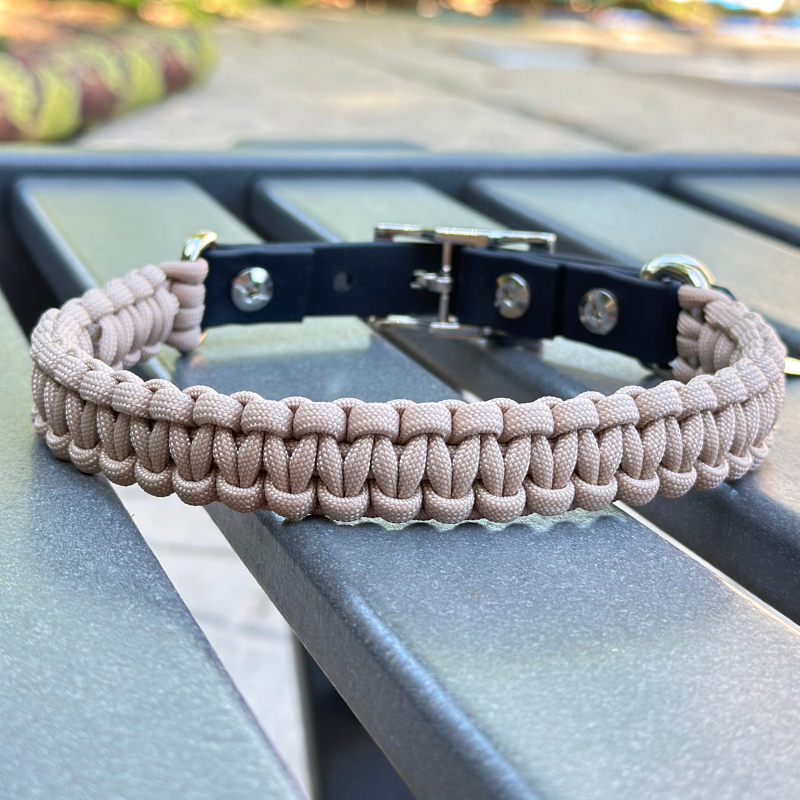 Dog collar with a light tan braided design and black biothane strap on a blue surface.