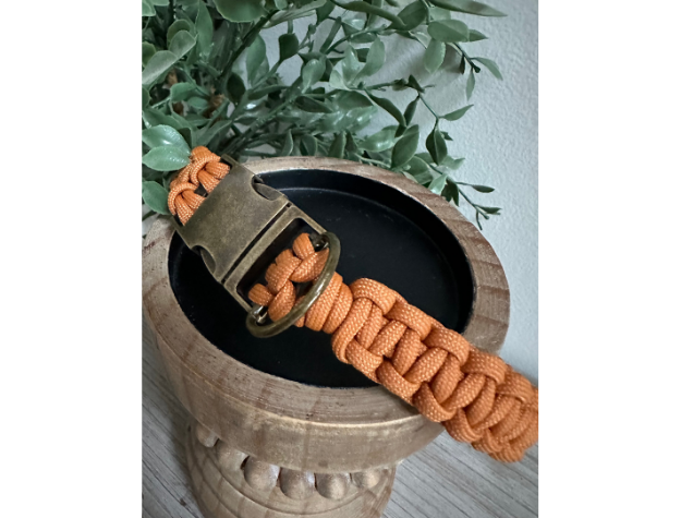Orange paracord dog collar with a metal clasp on a black pot with green leaves in the background