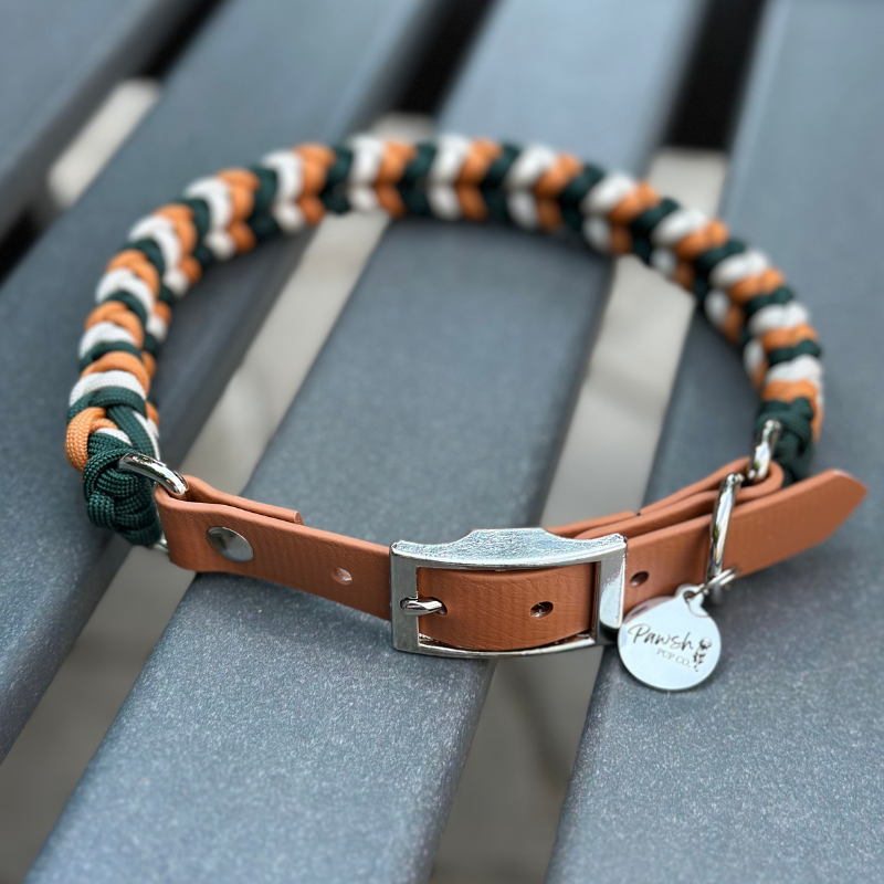 Dog collar with braided design in green, yellow, and white on a metal stand.