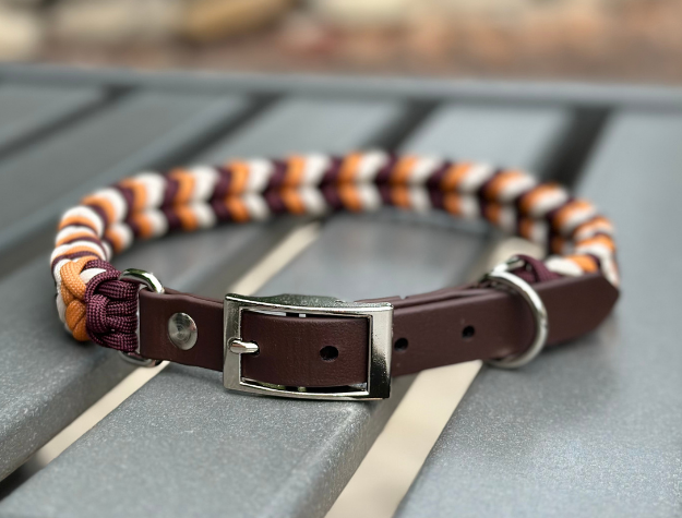 Dog collar with braided design and brown leather buckle on a metal surface