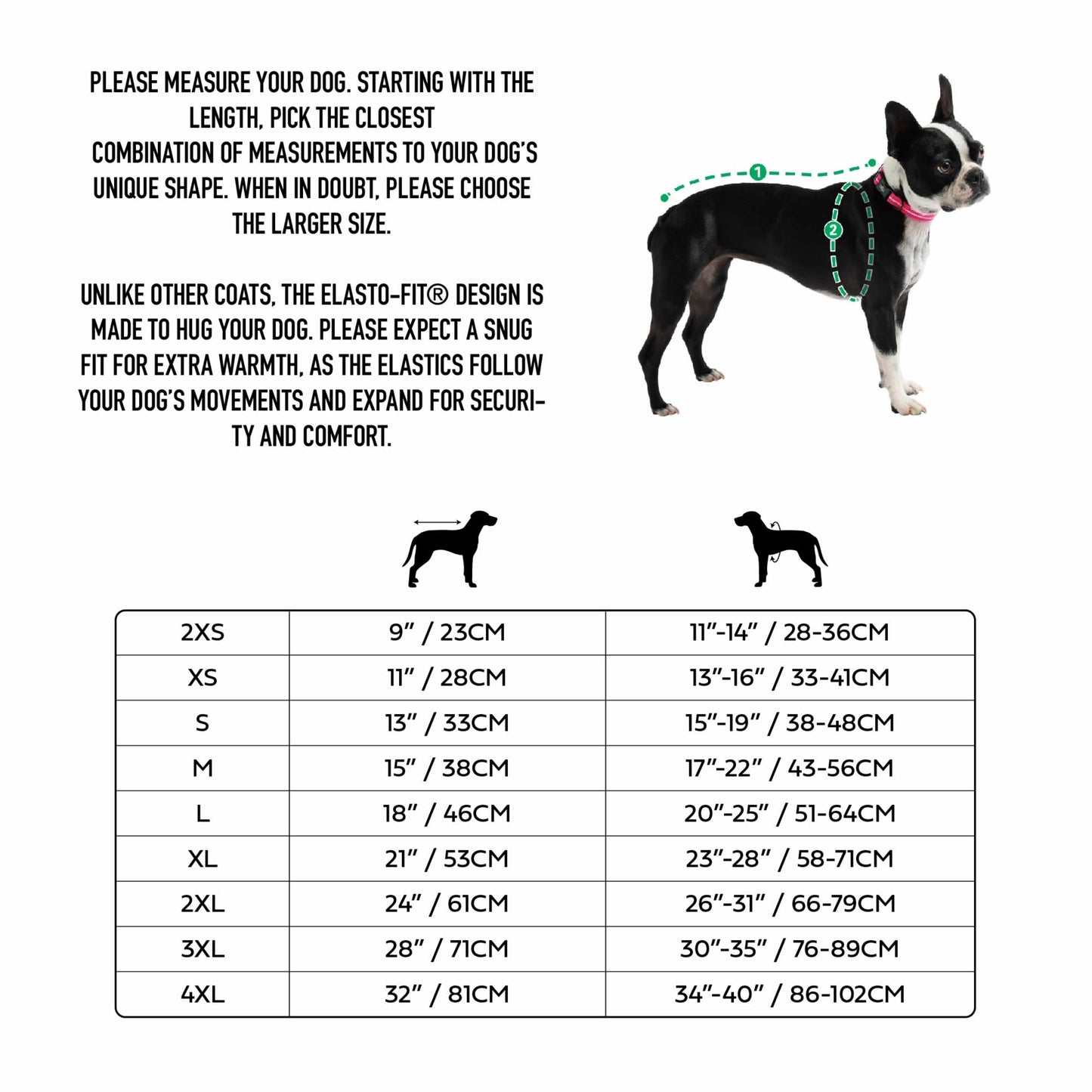 Dog coat size chart with measurements and a black and white dog illustration.