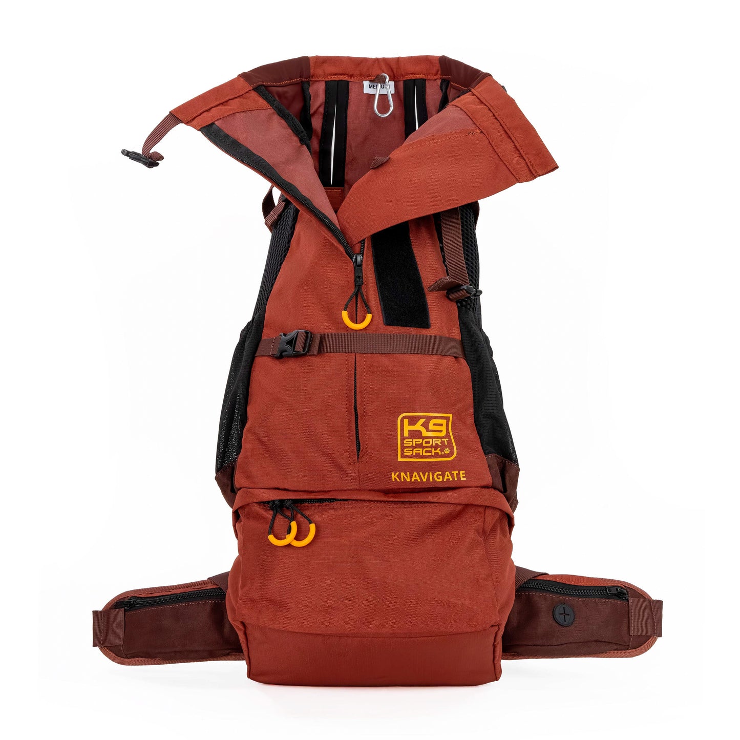 Brown backpack with visible branding on a white background