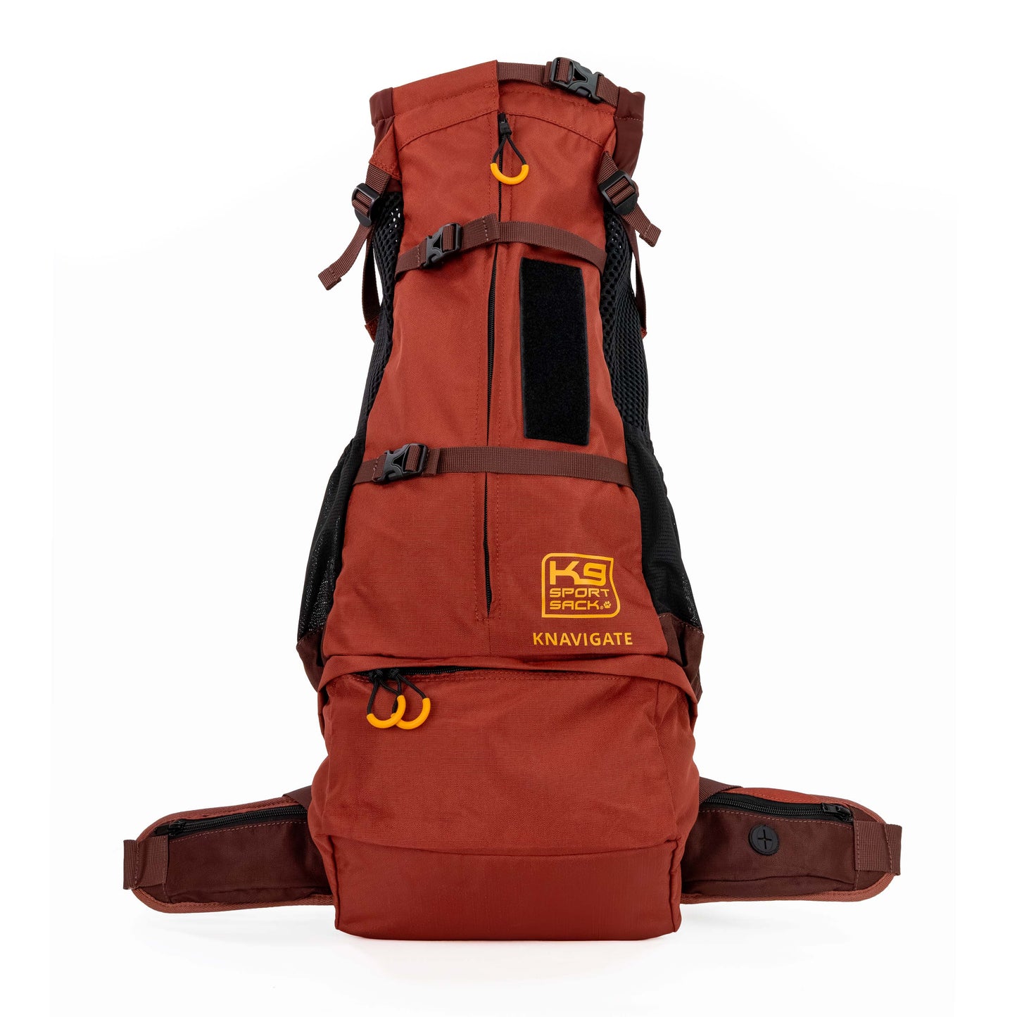 Brown backpack with visible branding on a white background