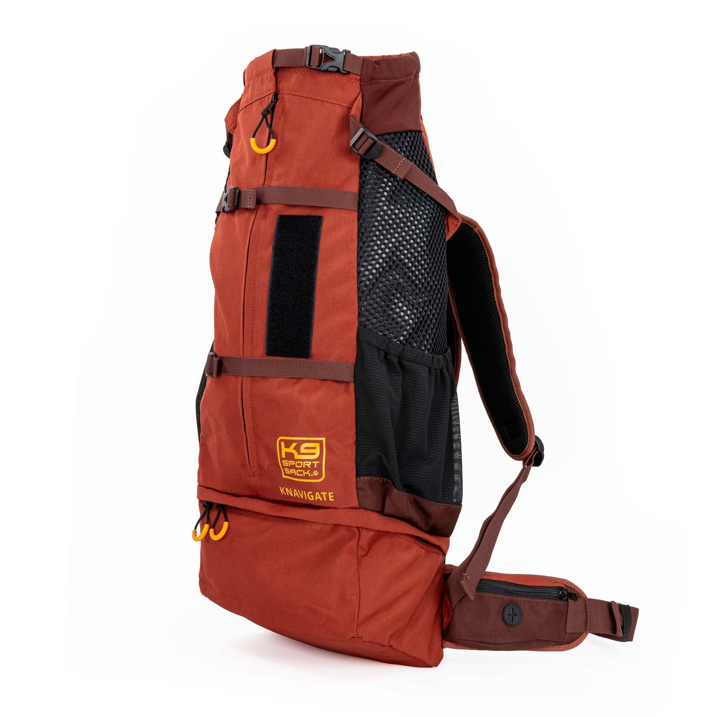 Orange and black backpack with visible branding on a white background