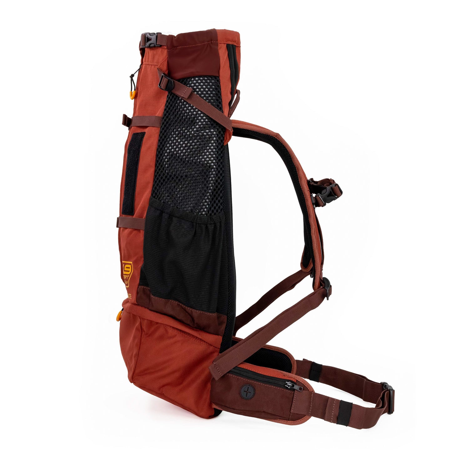 Brown hiking backpack with multiple compartments on a white background