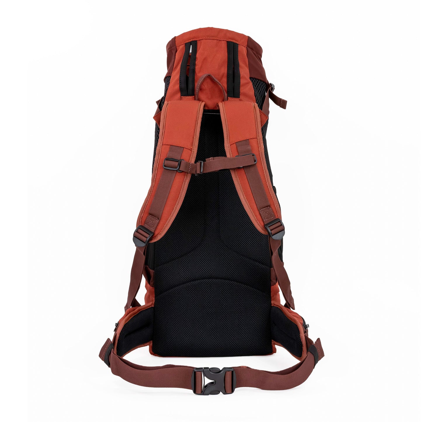 Orange and black backpack on a white background