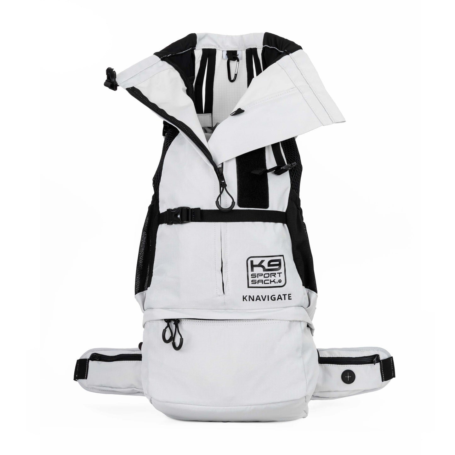 White and black backpack with visible branding on a white background
