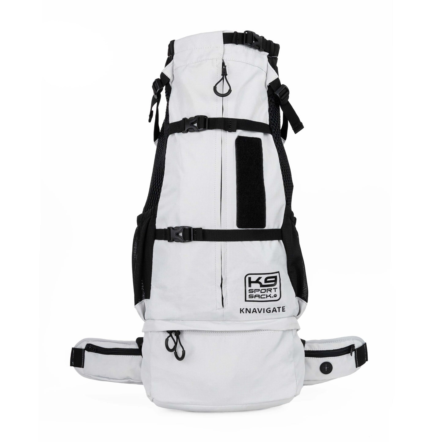White and black backpack with 'KG Sport Bags' branding on a white background