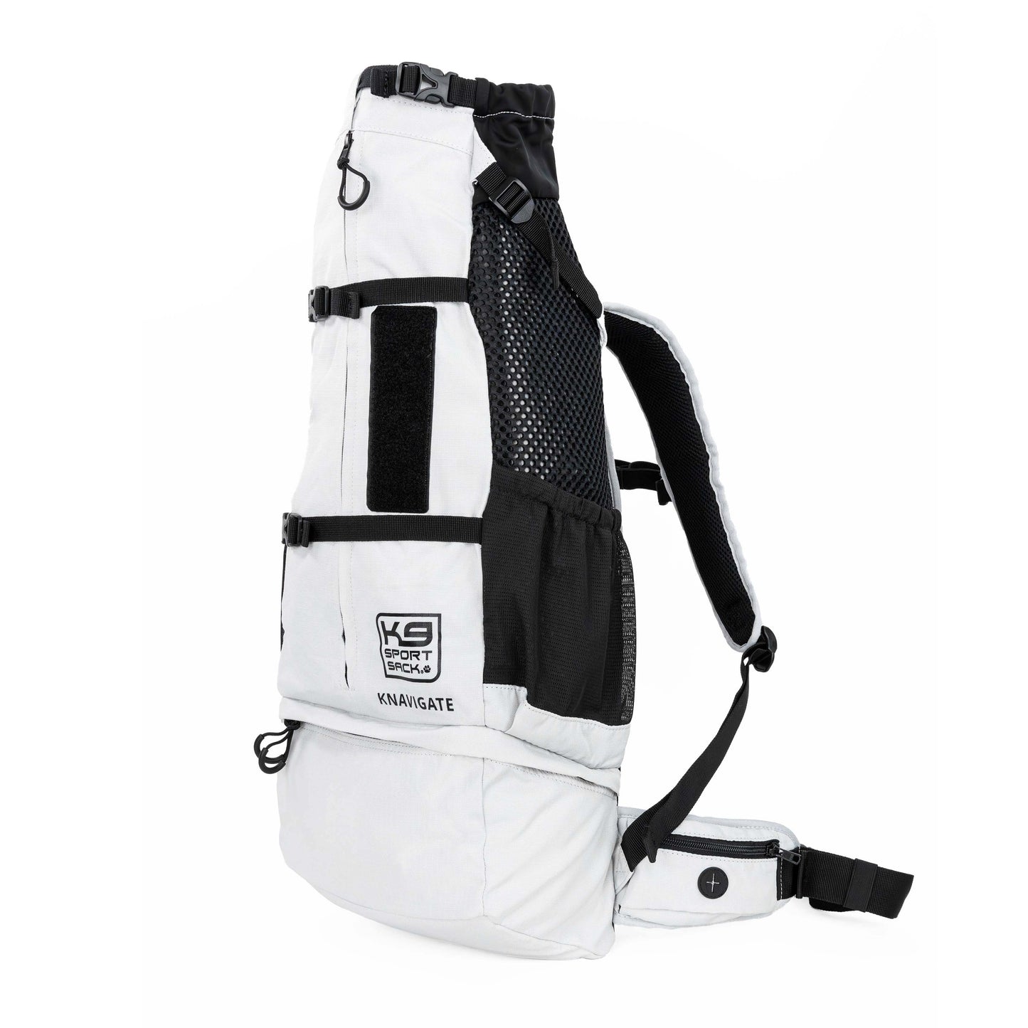 White and black backpack with visible branding on a white background