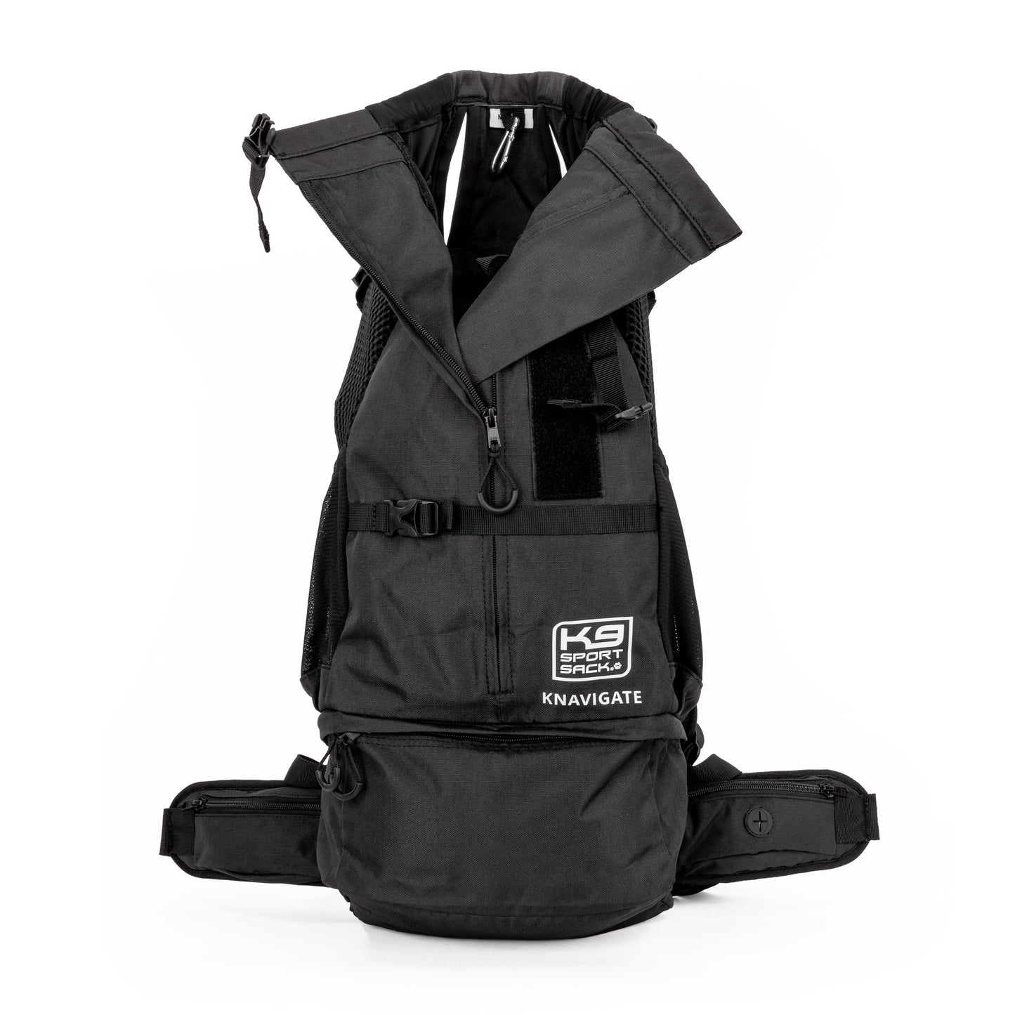 Black backpack with a visible brand logo on a white background