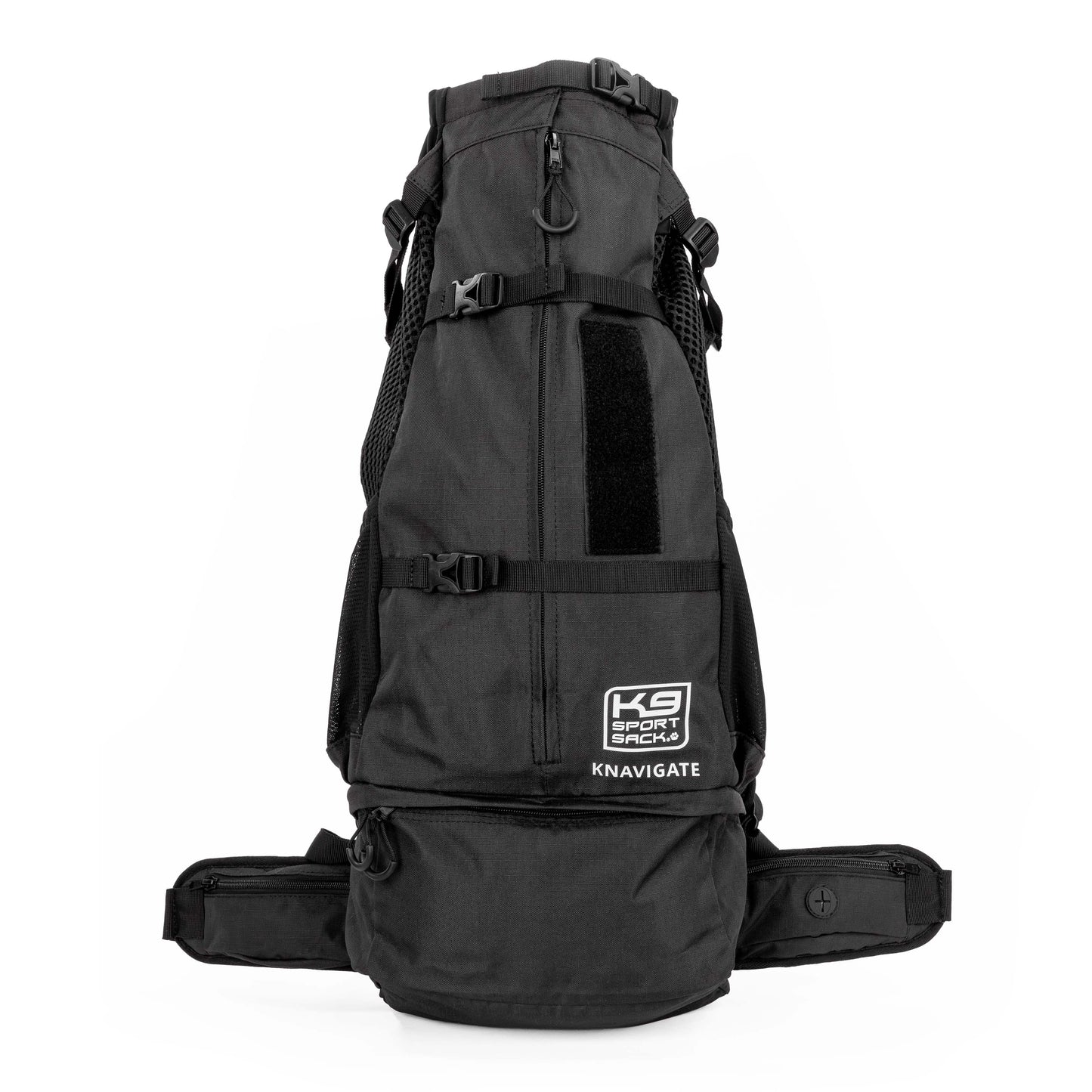 Black backpack with visible branding on a white background