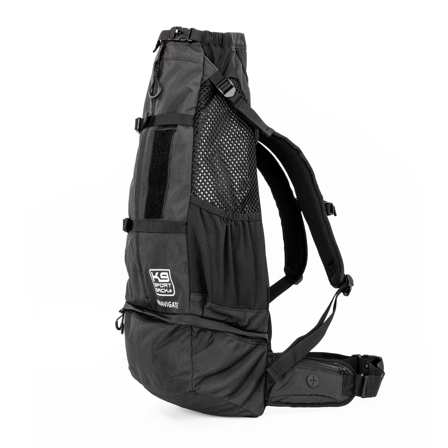 Black backpack with visible branding on a white background