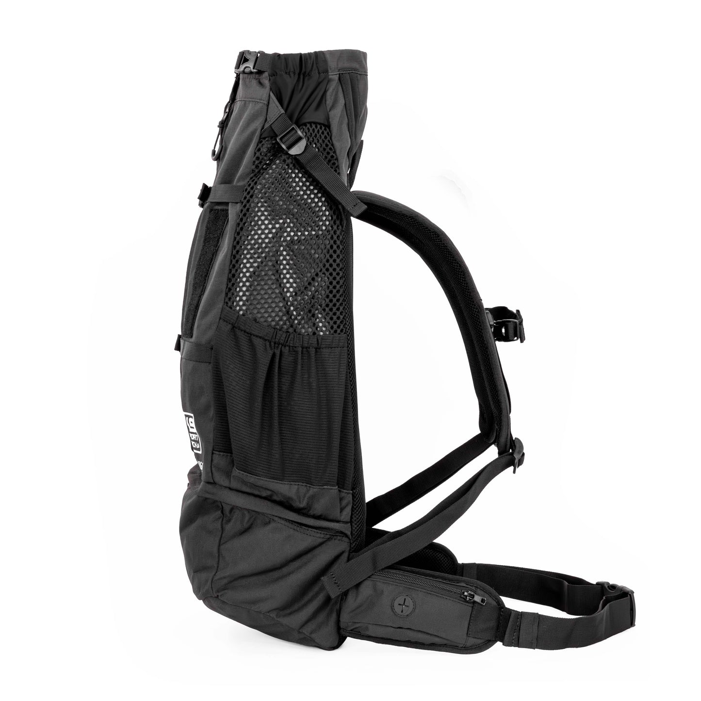 Black backpack with multiple compartments and straps on a white background