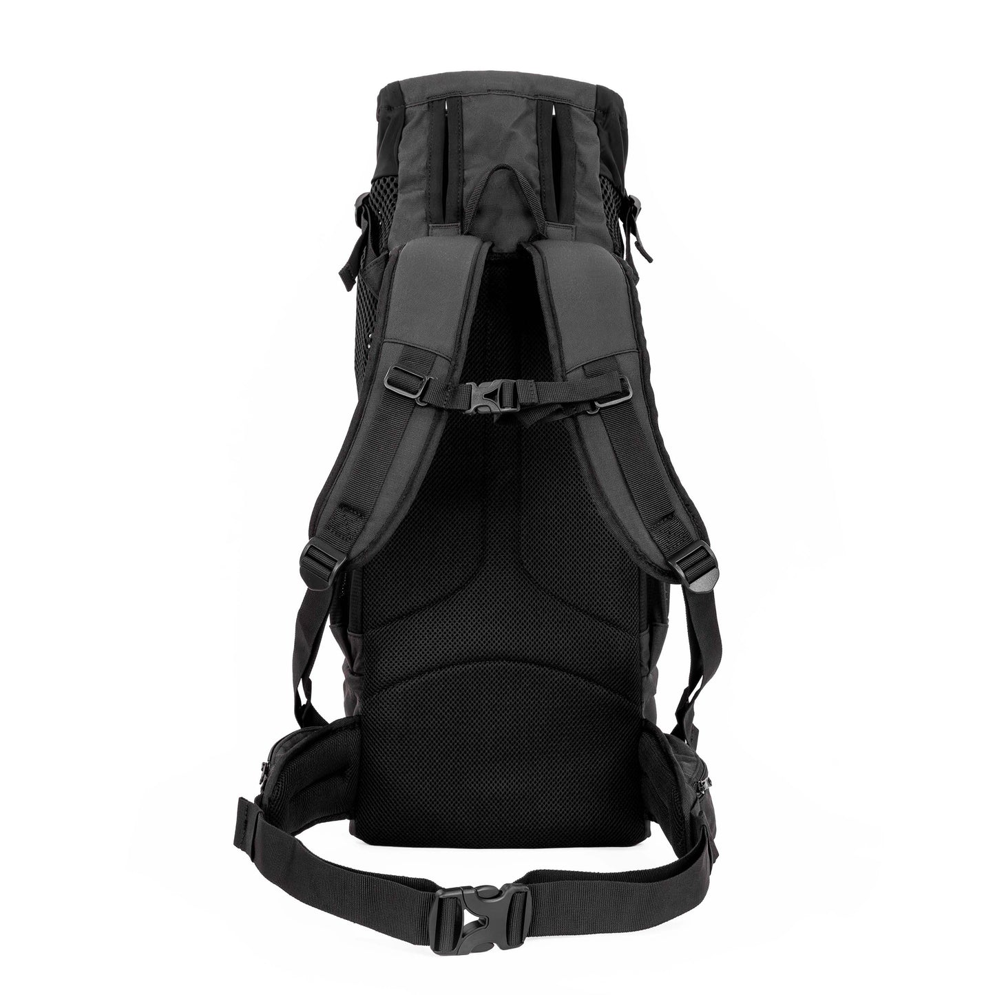 Black backpack with visible straps on a white background