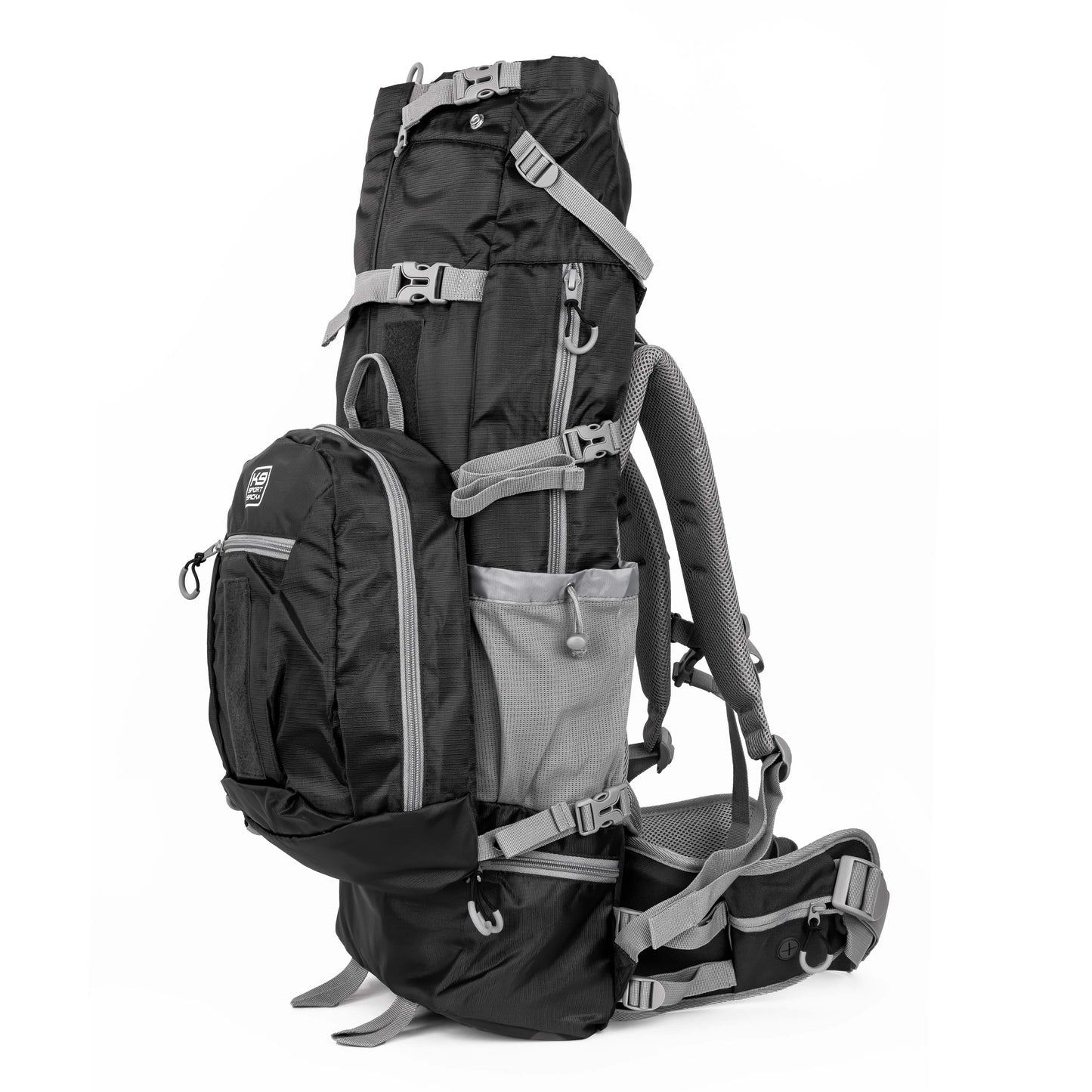 Black and gray hiking backpack on a white background