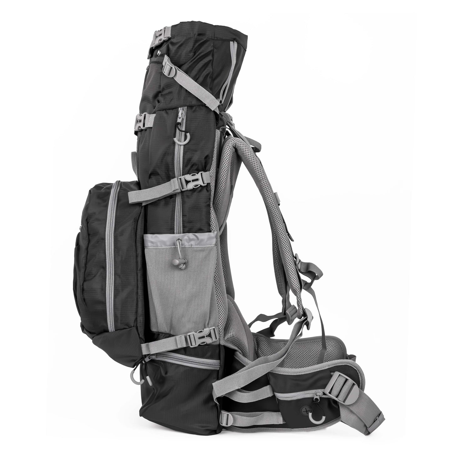 Black and gray hiking backpack on a white background