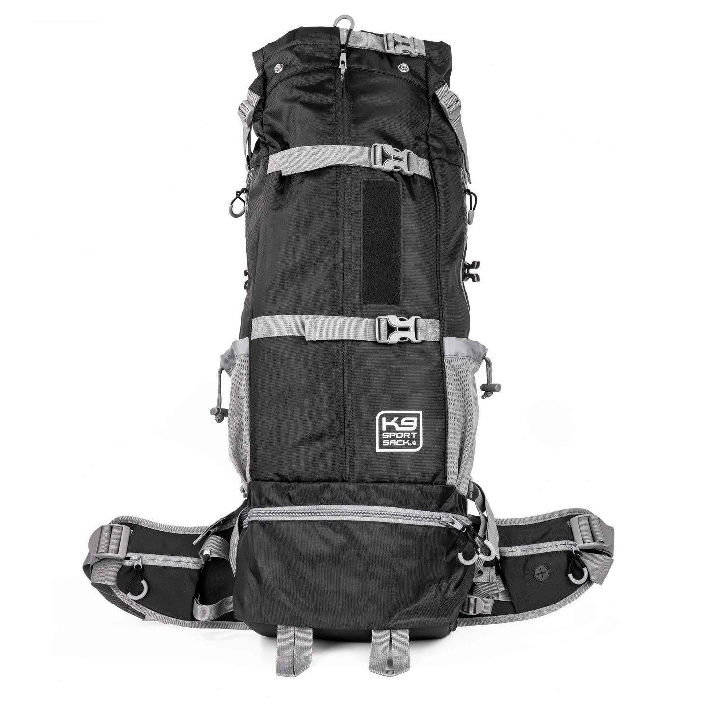 Black and gray backpack with visible branding on a white background