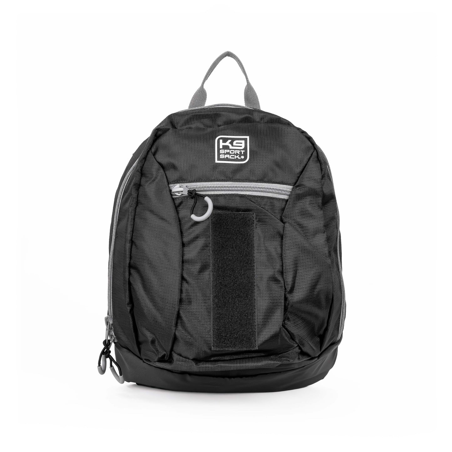 Black backpack with a visible brand logo on a white background