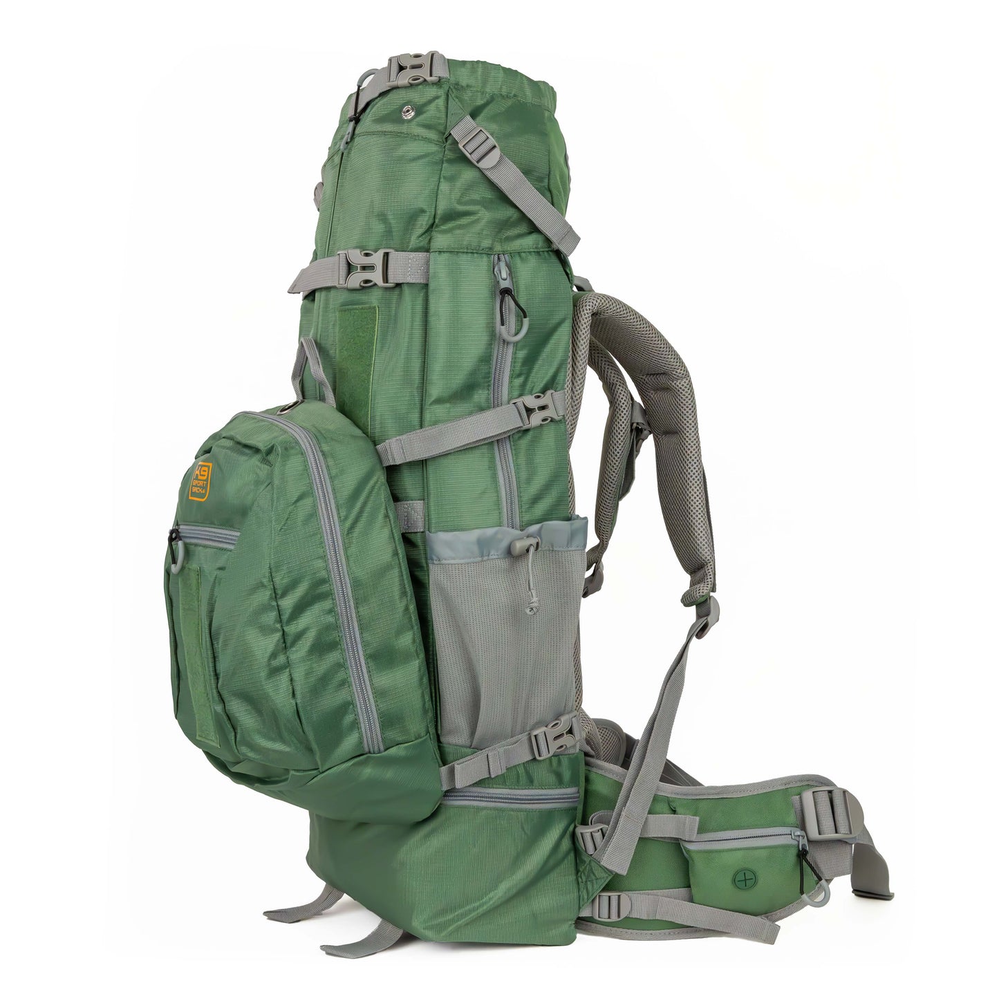 Green hiking backpack with gray straps on a white background
