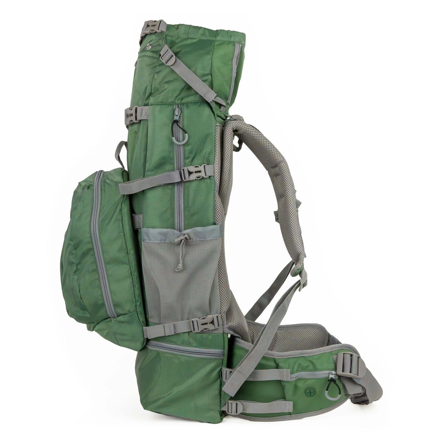 Green and gray backpack on a white background