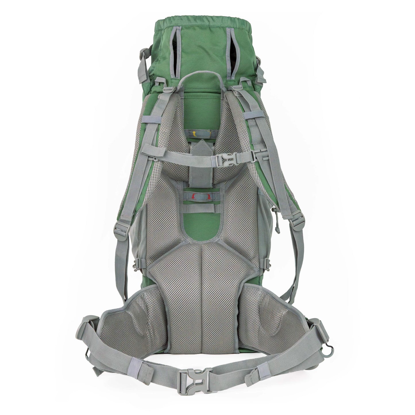 Green and gray hiking backpack on a white background