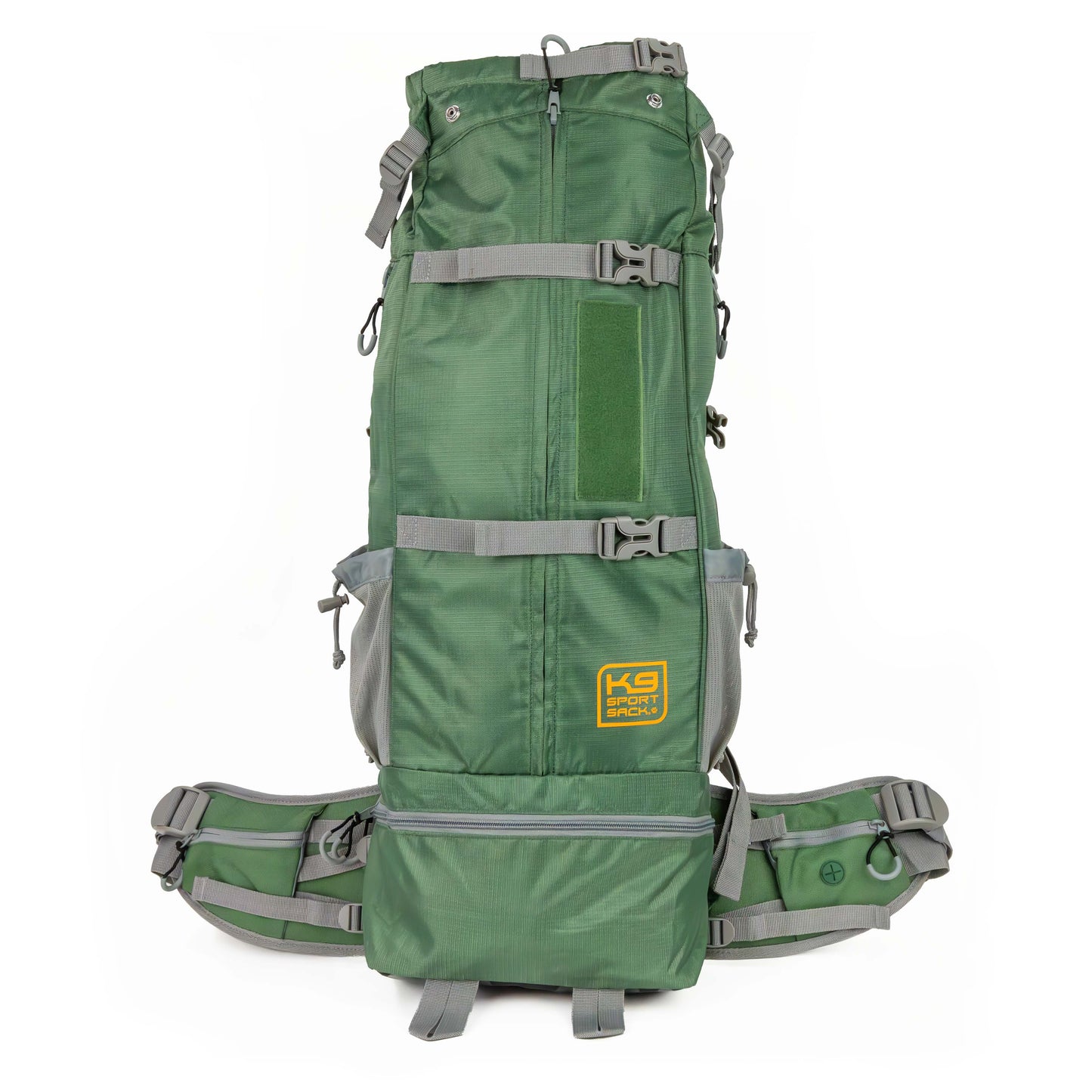 Green backpack with gray straps on a white background