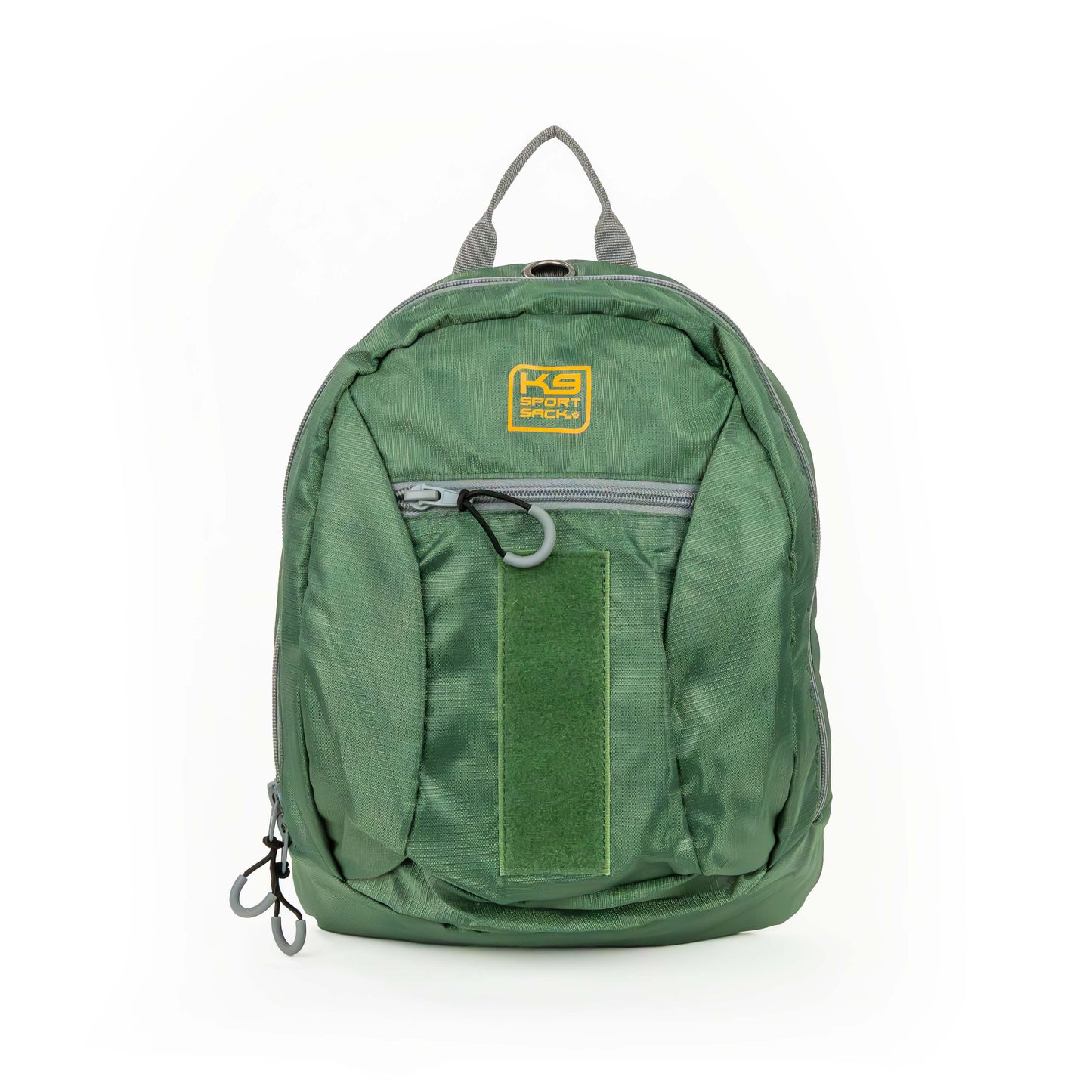 Green backpack with a visible brand logo on a white background