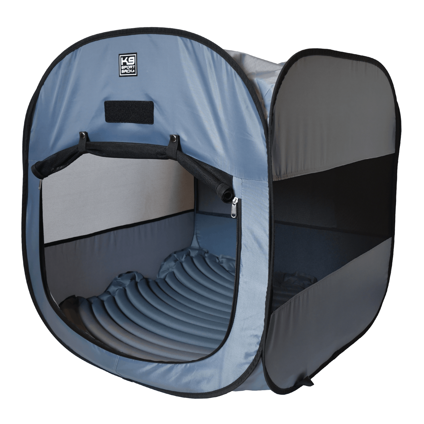 Pop-up tent with a gray interior and black exterior on a white background