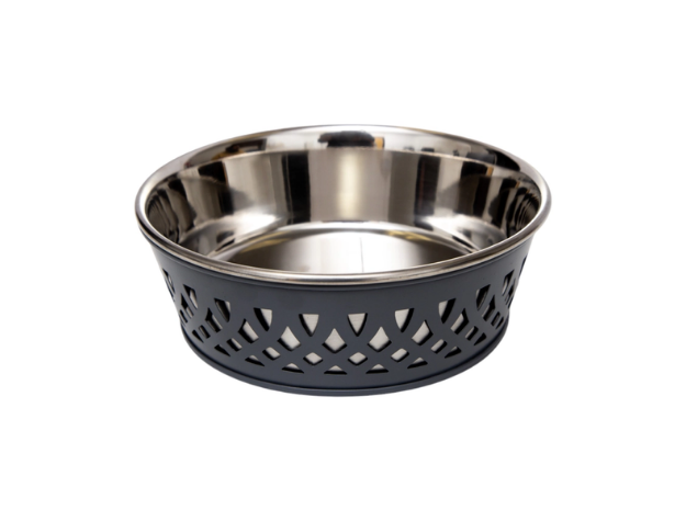 Stainless steel pet bowl with black perforated base on a white background